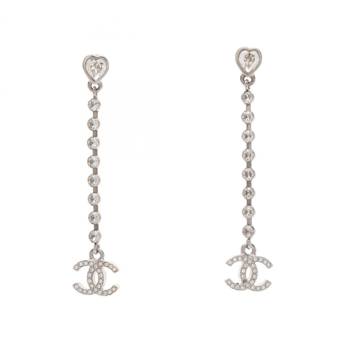 Chanel C25S Coco Mark Heart Earrings, Metal Rhinestone Jewelry, Women's, Silver/Clear, ABF777: --- Catalog ---Category: SizeSize (HxWxD): 59.00mm x 12.00mm / 2.32'' x 0.47''Category: DesignType: Stud earringsColor: Clear, SilverGender: WomenMaterial: Metal, RhinestoneCategory: GeneralMPN: ABF77