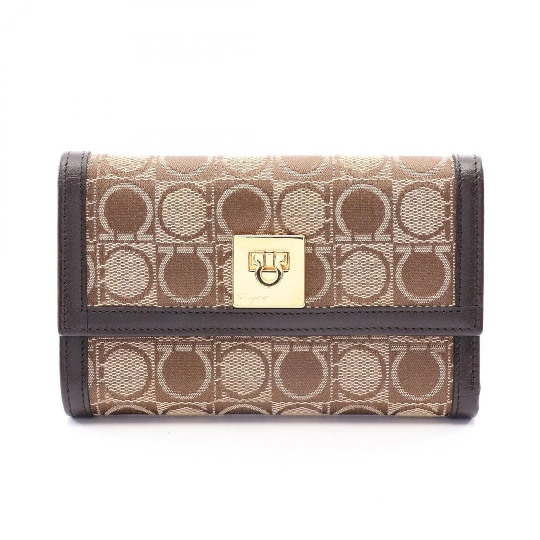Salvatore Ferragamo Gancini Tri-fold Wallet, Canvas and Leather, Women's, Beige/Brown: --- Catalog ---Category: SizeSize (HxWxD): 10cm x 15cm x 2cm / 3.93'' x 5.9'' x 0.78''Category: DesignType: Wallet (tri-fold)Color: Beige, BrownGender: WomenMaterial: Canvas , Leather Category: Genera