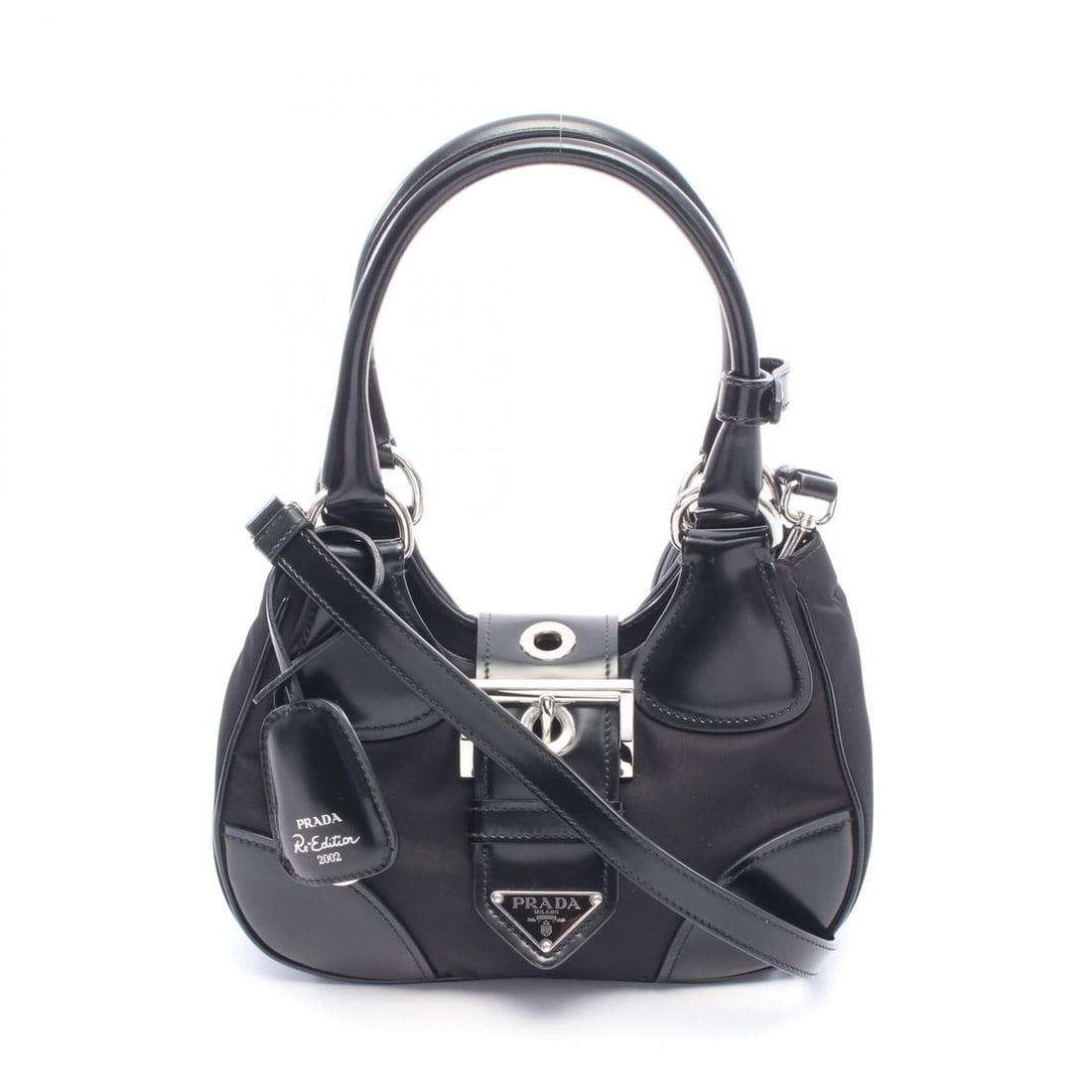 Prada MOON handbag, nylon and leather, women's, black, 1BA381: --- Catalog ---Category: SizeSize (HxWxD): 13cm x 22cm x 7.5cm / 5.11'' x 8.66'' x 2.95''Category: DesignType: HandbagColor: BlackGender: WomenMaterial: Nylon , Leather Category: GeneralMPN: 1BA381Bra