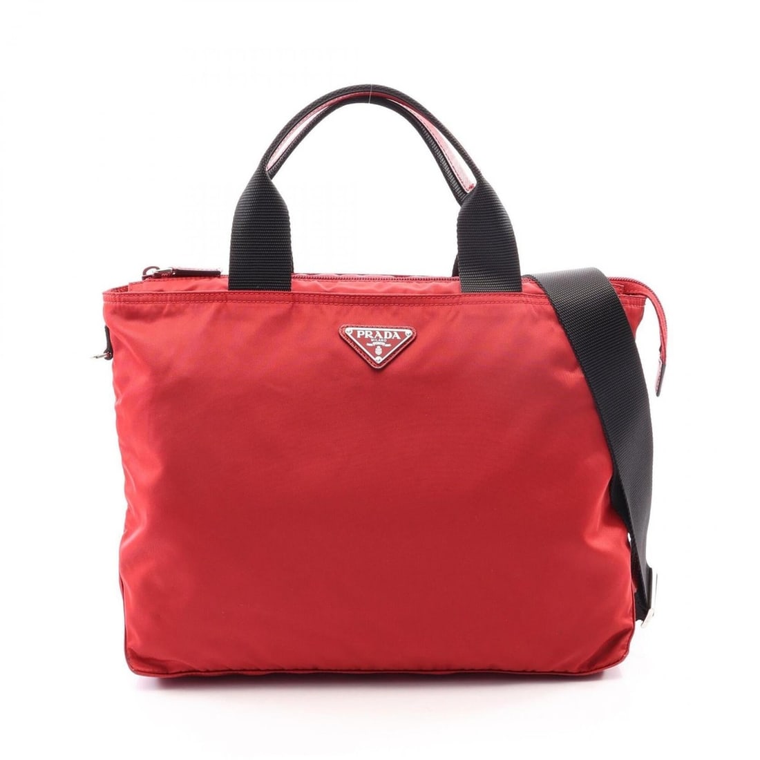 Prada Triangle Logo 2-Way Tote Bag/Handbag, Nylon & Saffiano Leather, Women's, Red/Black: --- Catalog ---Category: SizeSize (HxWxD): 25cm x 33cm x 11cm / 9.84'' x 12.99'' x 4.33''Category: DesignType: Handbag, Tote bagColor: Black, Red colorGender: WomenMaterial: Nylon , Leather Leather/Fu