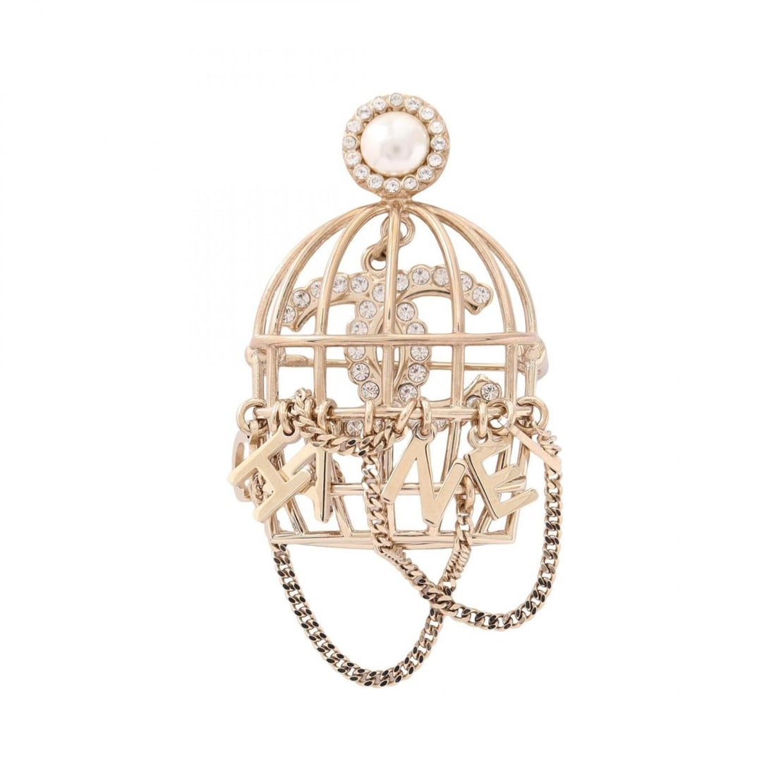 Chanel Coco Mark Birdcage Motif Brooch Accessory, Gold Plated (GP), Faux Pearl, Rhinestone, Women's,: --- Catalog ---Category: SizeSize (HxWxD): 5.3cm x 3.3cm / 2.08'' x 1.29''Category: DesignType: BroochColor: GoldGender: WomenMaterial: Gold plating, RhinestoneCategory: GeneralMPN: AB4880Brand: Chane