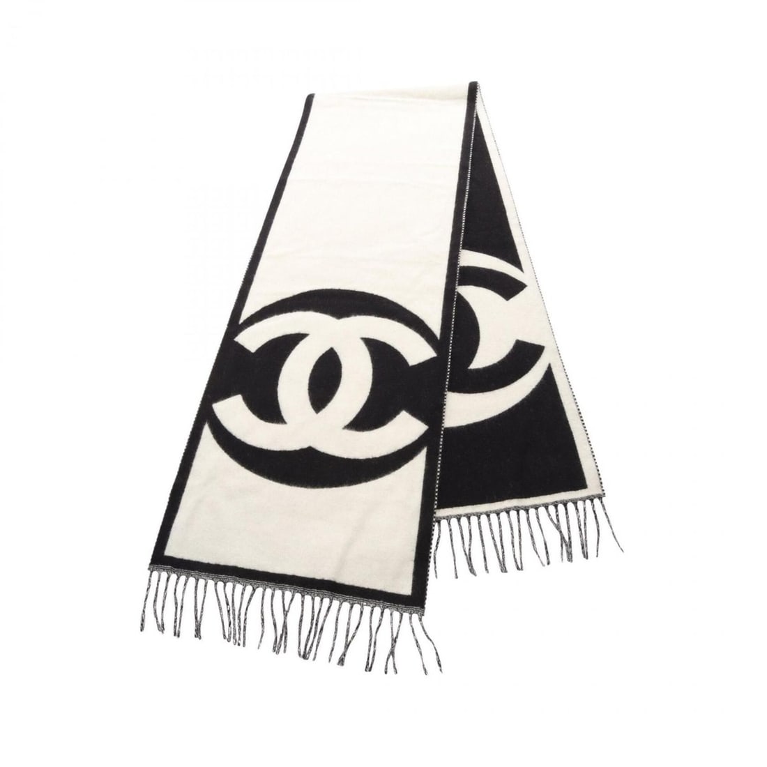 Chanel Coco Mark Cashmere Scarf for Women, Black/White: --- Catalog ---Category: SizeSize (LxW): 2.08m x 34.5cm / 81.88'' x 13.58''Category: DesignType: StoleColor: Black, WhiteGender: WomenMaterial: Cashmere Category: GeneralBrand: Chanel--- Item List ---