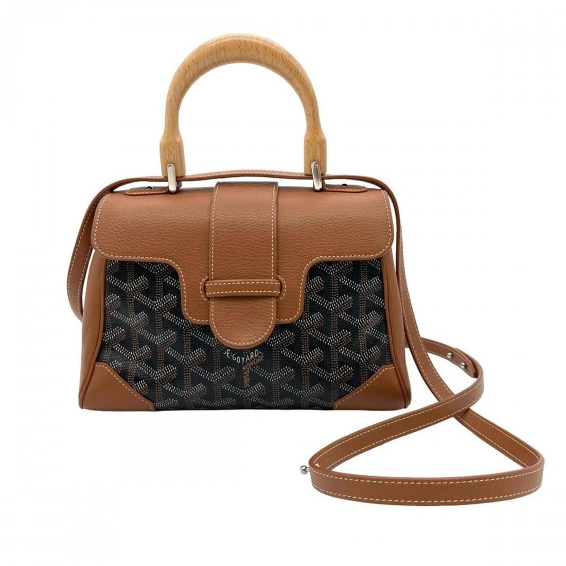 Goyard Saigon Mini Soft Bag, 2-Way Shoulder Calfskin, Brown, Silver Hardware, Wood Handle, Handbag: --- Catalog ---Category: SizeStrap Drop: 56cm / 22.04''Handle Drop: 7.00cm / 2.76''Size (HxWxD): 14cm x 20.5cm x 8cm / 5.51'' x 8.07'' x 3.14''Category: DesignType: Handbag, Shoulder bagColor: BrownGe