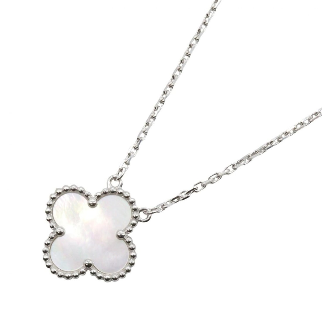 Van Cleef & Arpels Vintage Alhambra Mother-of-Pearl Necklace, 18K White Gold (18KWG),: --- Catalog ---Category: SizePendant Size: 15mm x 15mm / 0.59'' x 0.59''Neck Circumference: 37 cm - 41.5 cm / 14.56'' - 16.33''Category: DesignColor: Silver, WhiteGender: WomenMaterial: White gold (18