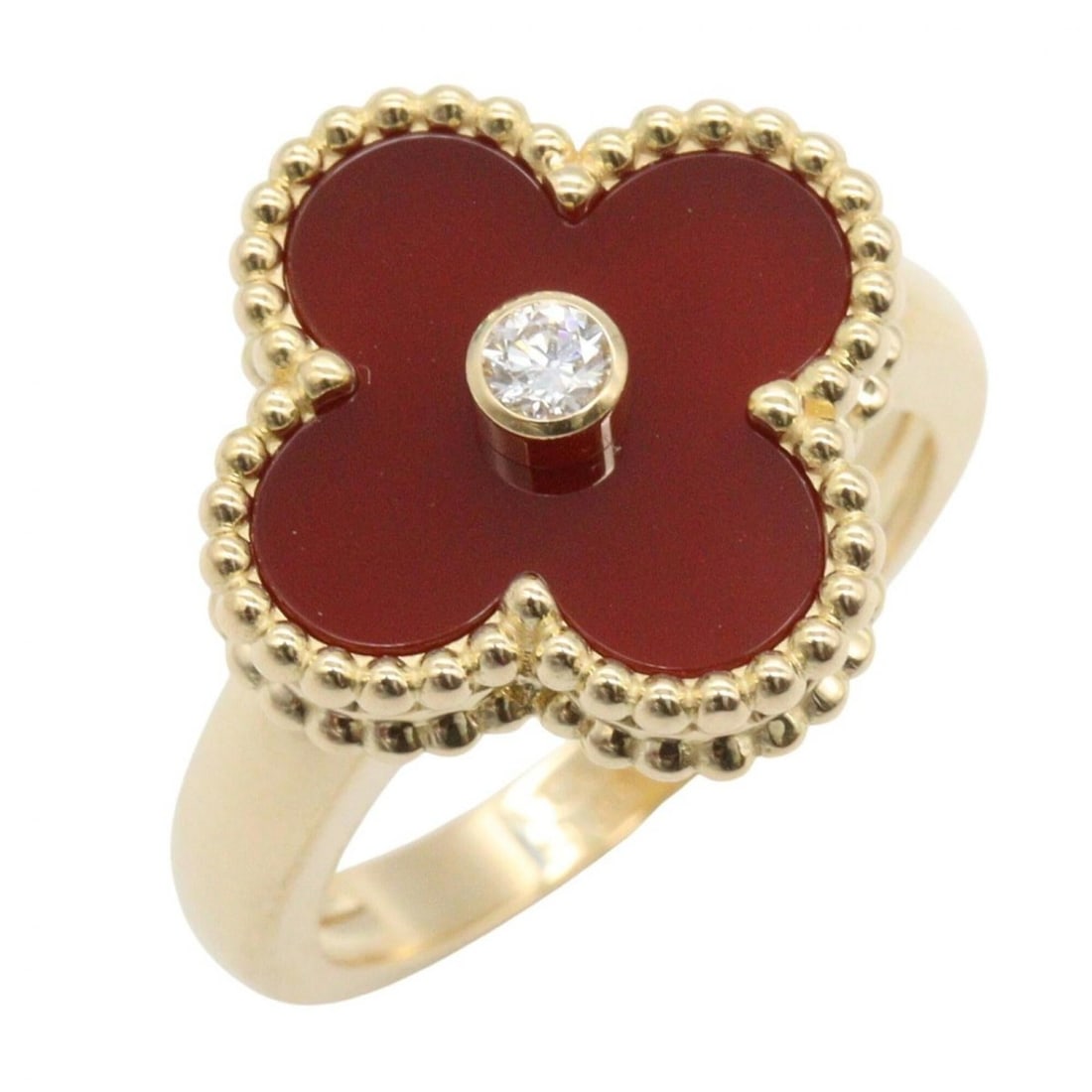 Van Cleef & Arpels Vintage Alhambra Carnelian 1PD Ring - 18K (Yellow Gold) Diamond Women's Gold Tone: --- Catalog ---Category: SizeJP Size: 9US Size: 5Category: DesignType: Band ringColor: Clear, Gold, Red colorGender: WomenMaterial: Yellow gold (18K)Category: GeneralMPN: VCARD40800Brand: Van Cleef & 