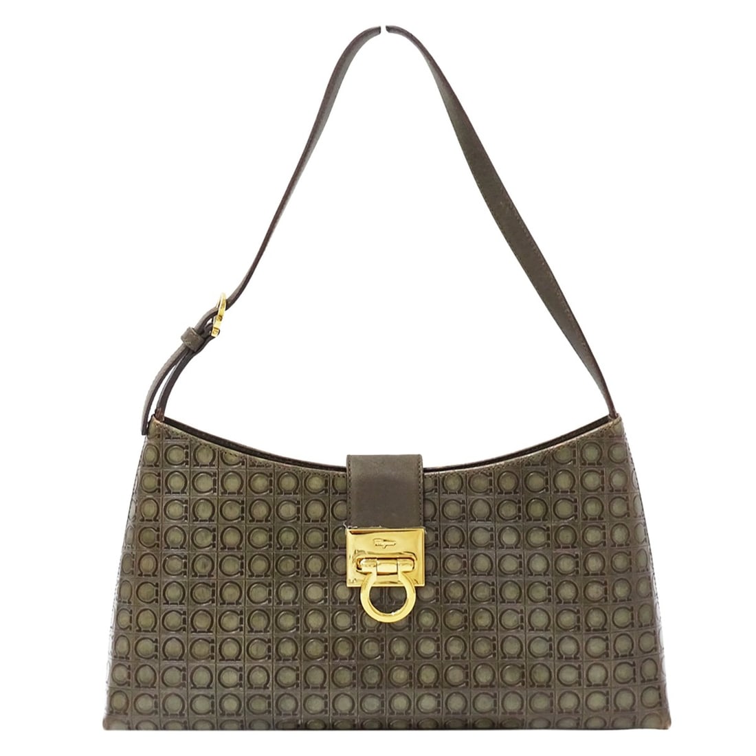 Salvatore Ferragamo Ferragamo handbag for women, brand name shoulder bag, Gancini pattern, leather,: --- Catalog ---Category: SizeSize (HxWxD): 17cm x 31cm x 6cm / 6.69'' x 12.2'' x 2.36''Category: DesignType: Shoulder bagColor: KhakiGender: WomenMaterial: Leather Category: GeneralBrand: Salvatore Fe