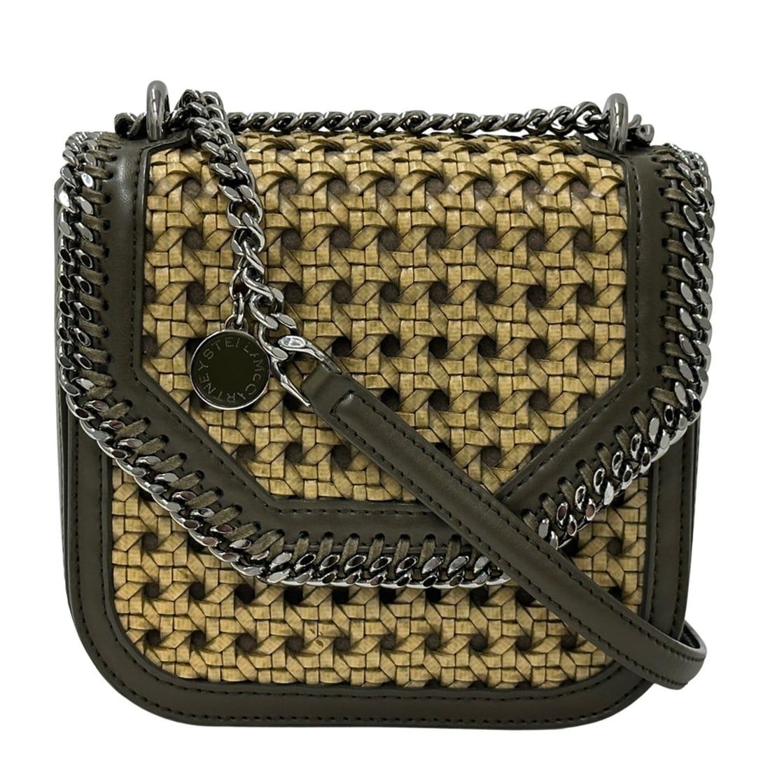 Stella McCartney handbag for women, Falabella Box shoulder bag, wicker mini khaki, silver hardware, (1 of 15)