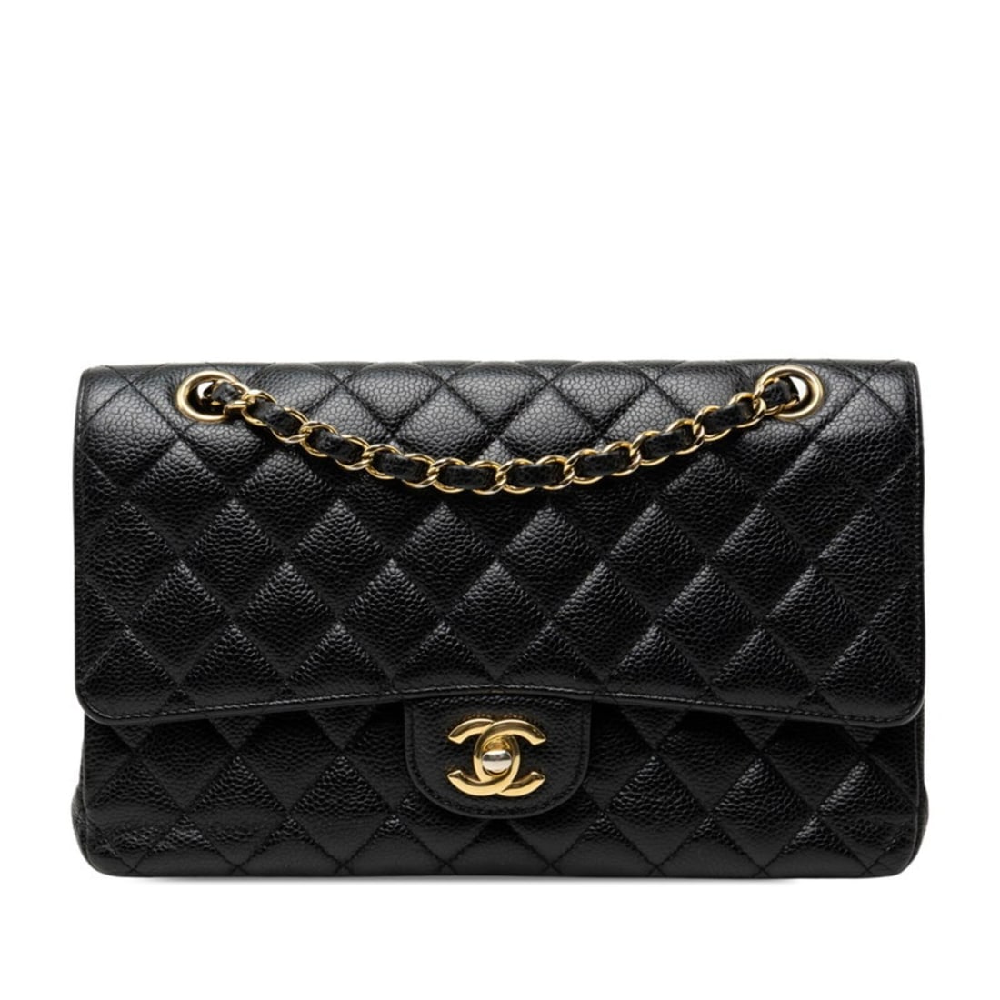 Chanel Matelassé 25 Coco Mark Double Flap Chain Shoulder Bag, Black with Gold Hardware, Caviar: --- Catalog ---Category: SizeSize (HxWxD): 16.5cm x 25cm x 6cm / 6.49'' x 9.84'' x 2.36''Category: DesignType: Shoulder bagColor: BlackGender: WomenMaterial: Grained Calfskin Category: GeneralBrand: C