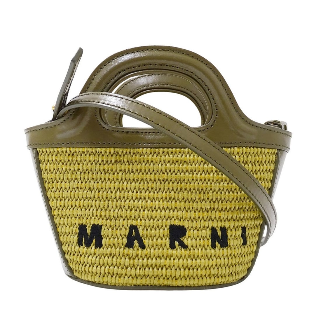 Marni handbag for women, brand name, handbag/shoulder bag, 2-way, leather/raffia, Tropicaria micro,: --- Catalog ---Category: SizeSize (HxWxD): 11cm x 14.5cm x 10cm / 4.33'' x 5.7'' x 3.93''Category: DesignType: Handbag, Shoulder bagColor: Green, KhakiGender: WomenMaterial: Leather , Raffia Category: