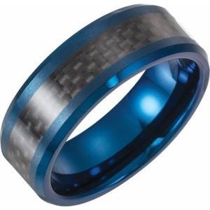 Blue Enameled Tungsten 8 mm Beveled-Edge Carbon Fiber Inlay Comfort-Fit Band Size 13.5: Blue Enameled Tungsten 8 mm Beveled-Edge Carbon Fiber Inlay Comfort-Fit Band Size 13.5