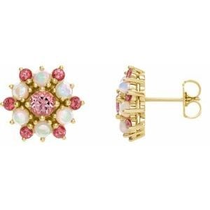14K Yellow Gold Natural Pink Tourmaline & Natural Ethiopian Opal Cabochon Earrings: 14K Yellow Gold Natural Pink Tourmaline & Natural Ethiopian Opal Cabochon Earrings
