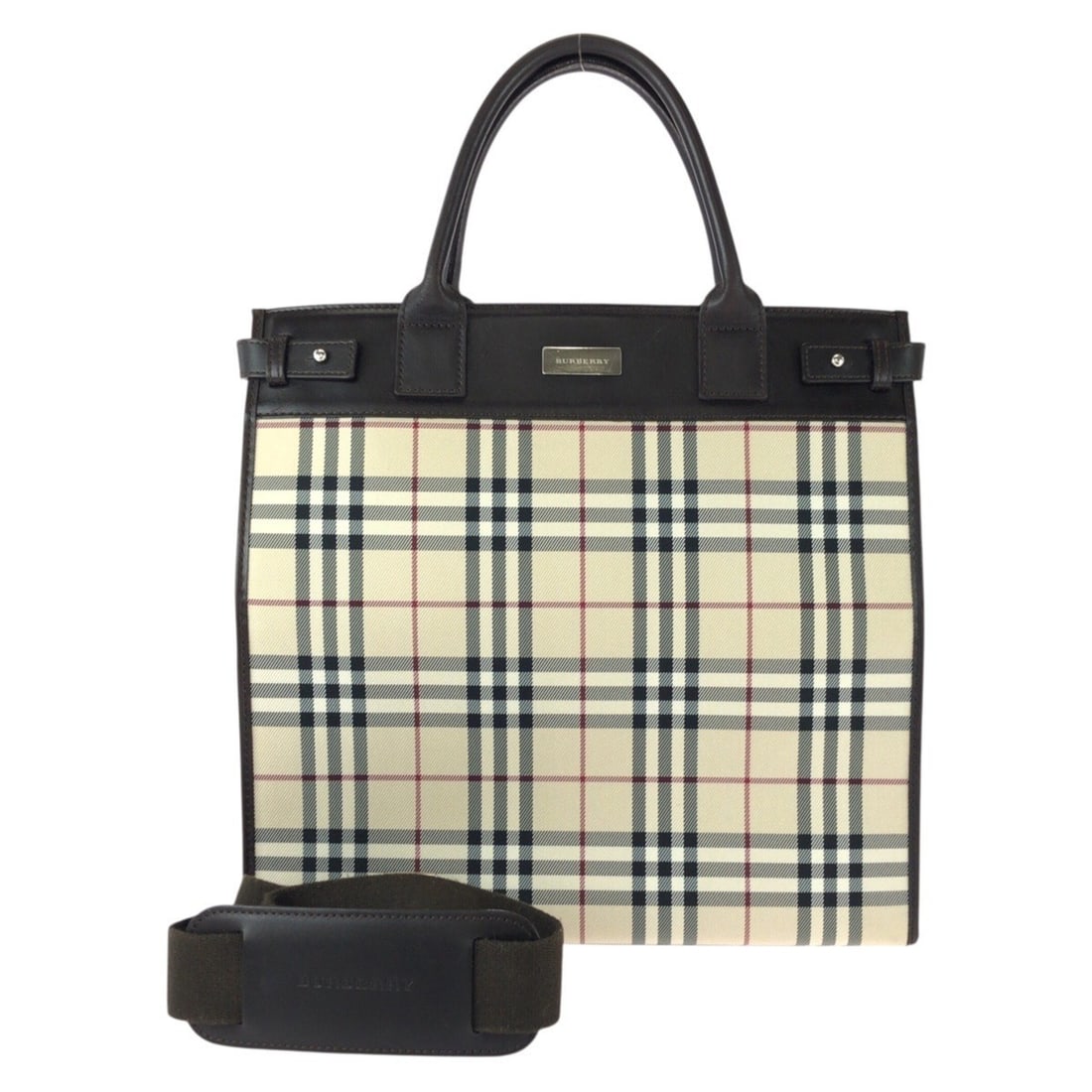 BURBERRY Check Pattern 2-Way Tote Bag/Shoulder Bag for Women, Beige/Dark Brown, Silver Hardware,: --- Catalog ---Category: SizeSize (HxWxD): 32cm x 33cm x 14cm / 12.59'' x 12.99'' x 5.51''Category: DesignType: Shoulder bag, Tote bagColor: Beige, Dark brownGender: WomenMaterial: Canvas , Leather Ca