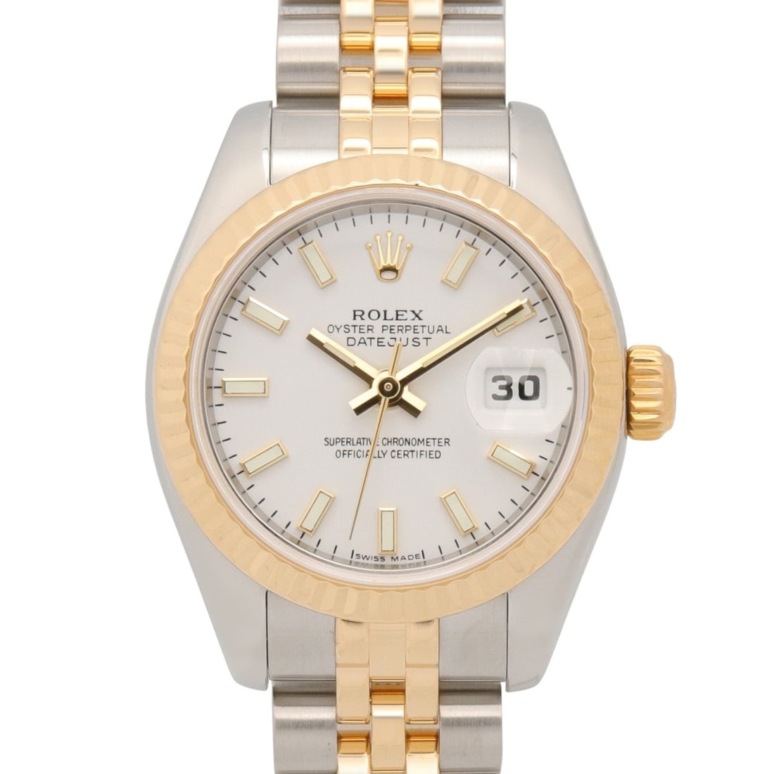 Rolex Datejust F-series watch, 18K (yellow gold) stainless steel, ladies', white bar casing, 179173.: --- Catalog ---Category: SizeWrist Size: 16cm / 6.29''Case Diameter: 26mm / 1.02''Category: DesignType: WristwatchGender: WomenColor (Dial): WhiteMaterial (Band): Stainless steel, Yellow gold (18K)Mat