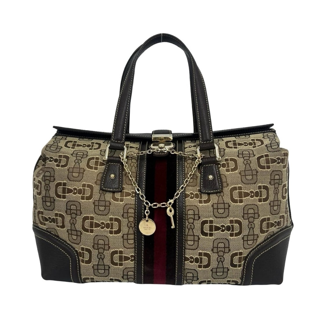 GUCCI Sherry Line Horsebit Pattern Canvas Leather Velour Handbag Tote Bag Brown 50681: --- Catalog ---Category: SizeSize (HxWxD): 25cm x 33.5cm x 16cm / 9.84'' x 13.18'' x 6.29''Category: DesignType: Handbag, Tote bagColor: Brown, Red colorGender: WomenMaterial: Canvas , Leather Leather