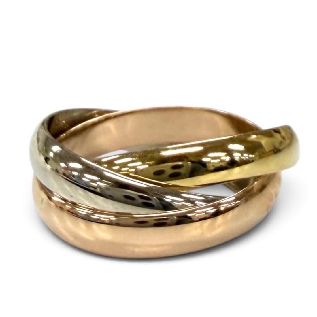 Cartier Trinity Ring Classic Model 750 (YG PG WG) Ring, Yellow Gold, Pink White Size 49, Weight: --- Catalog ---Category: SizeUS Size: 5Brand Size: 49Category: DesignType: Band ringColor: Pink gold, White gold, Yellow goldGender: WomenMaterial: Pink gold (18K), White gold (18K), Yellow gold (18K)