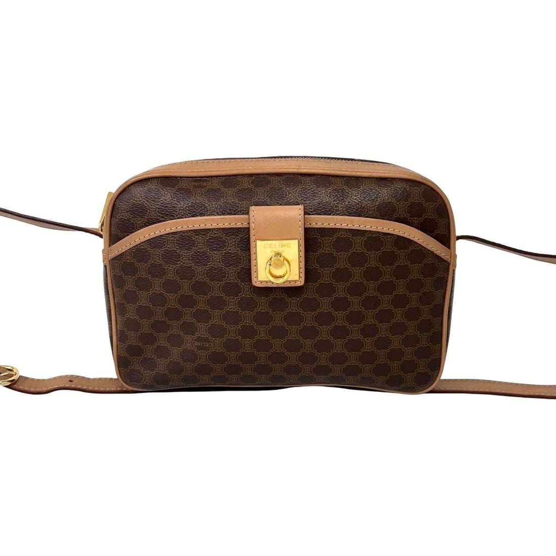 CELINE Vintage Logo Ring Hardware Macadam Blazon Pattern Leather Shoulder Bag Pochette Brown 464-7: --- Catalog ---Category: SizeSize (HxWxD): 16cm x 23.5cm x 7.5cm / 6.29'' x 9.25'' x 2.95''Category: DesignType: Pochette, Shoulder bagColor: BrownGender: WomenMaterial: PVC , Leather Category: Genera
