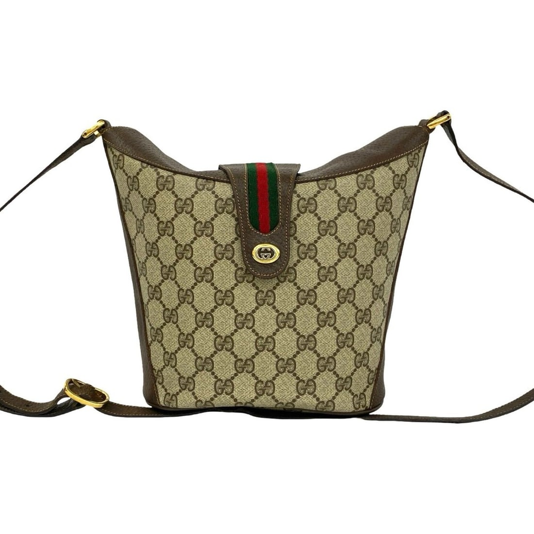 GUCCI Old Gucci Sherry Line GG Logo Pattern Leather Mini Shoulder Bag Pouch Brown 17322: --- Catalog ---Category: SizeSize (HxWxD): 22cm x 25.5cm x 10.5cm / 8.66'' x 10.03'' x 4.13''Category: DesignType: Pochette, Shoulder bagColor: Brown, Green, Red colorGender: WomenMaterial: Leather , 