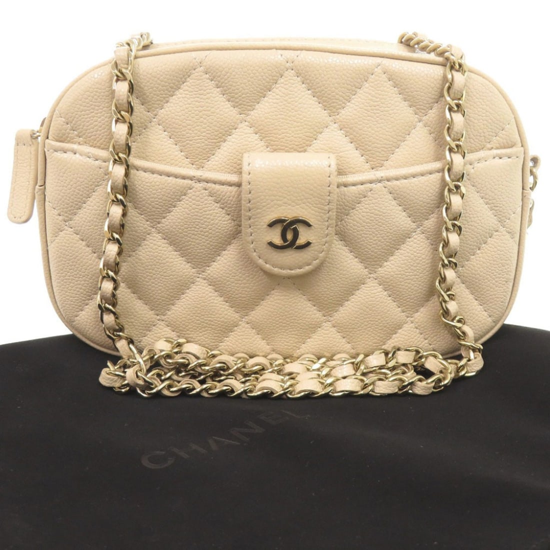Chanel Coco Mark Matelassé Caviar Skin Gold Hardware Random Serial Number Beige Chain Shoulder Bag: --- Catalog ---Category: SizeSize (HxWxD): 11.5cm x 17.5cm x 4cm / 4.52'' x 6.88'' x 1.57''Category: DesignType: Shoulder bagColor: BeigeGender: WomenMaterial: Grained Calfskin Category: GeneralMPN: A