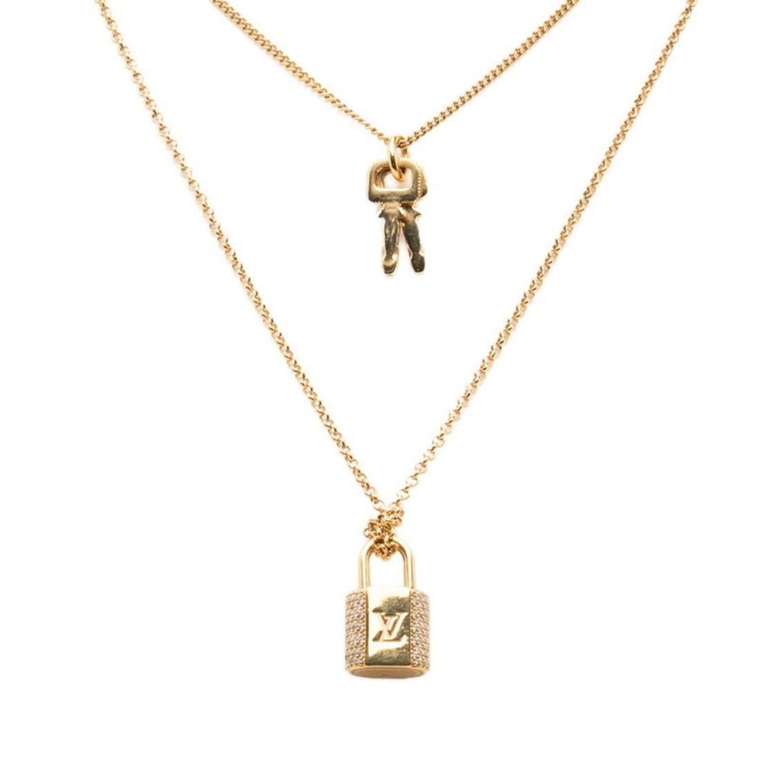 Louis Vuitton LV Padlock Necklace M01593 Gold Plated Rhinestone Women's LOUIS VUITTON: --- Catalog ---Category: SizePendant Size: 22.7mm x 13.5mm / 0.89'' x 0.53''Neck Circumference: 47.5 cm / 18.7''Category: DesignColor: GoldGender: WomenMaterial: RhinestoneNecklace Type: NecklaceCateg