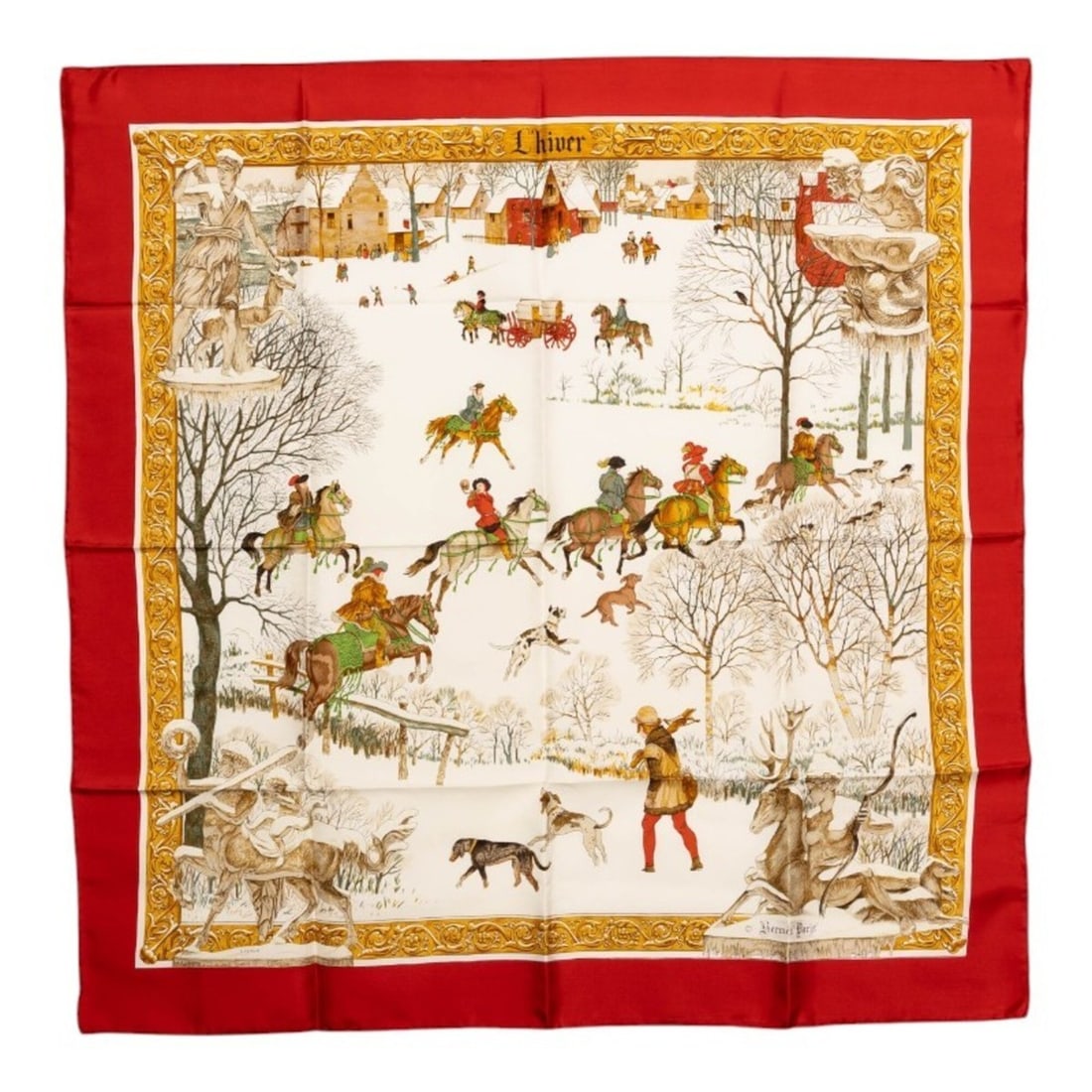 Hermes Carre 90 L'HIVER Winter Hunt Scarf Muffler Red White Multicolor Silk Women's HERMES: --- Catalog ---Category: SizeSize (LxW): 87.5cm x 87cm / 34.44'' x 34.25''Category: DesignType: ScarfColor: Multi-color, Red color, WhiteGender: WomenMaterial: Silk Category: GeneralBrand: Hermes--- I