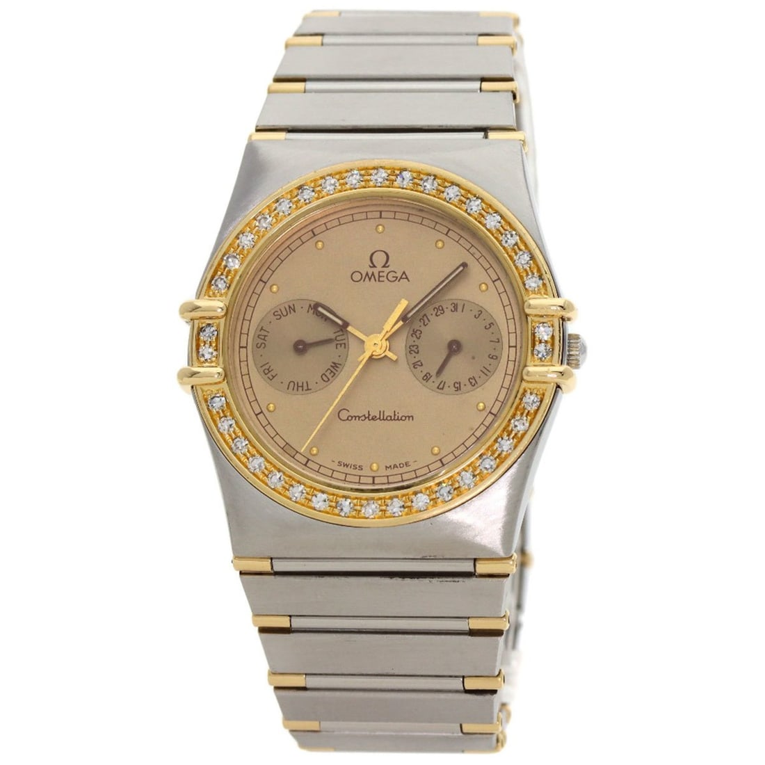 OMEGA Constellation Day Date Diamond Bezel Watch Stainless Steel SSxK18YG Men's: --- Catalog ---Category: SizeWrist Size: 15.5cm / 6.1''Case Diameter: 32.5mm / 1.28''Case Thickness: 6.5mm / 0.26''Category: DesignType: WristwatchGender: MenGemstone: DiamondColor (Dial): GoldMateria