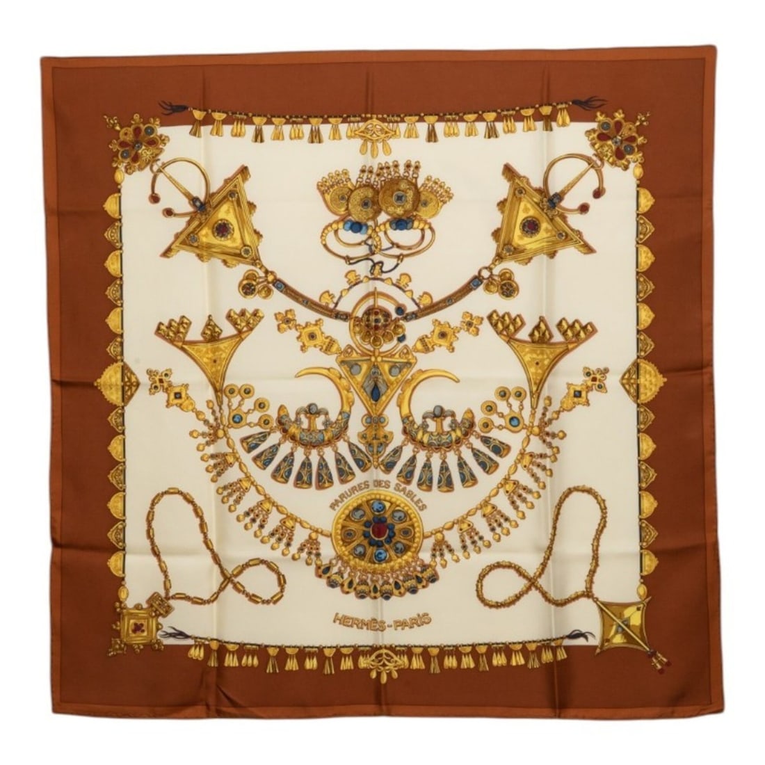 Hermes Carre 90 Parures des Sables (Desert Accessories) Scarf/Muffler, Large, Multicolored, Silk,: --- Catalog ---Category: SizeSize (LxW): 88cm x 89cm / 34.64'' x 35.03''Category: DesignType: ScarfColor: Multi-colorGender: WomenMaterial: Silk Category: GeneralBrand: Hermes--- Item List ---Section: