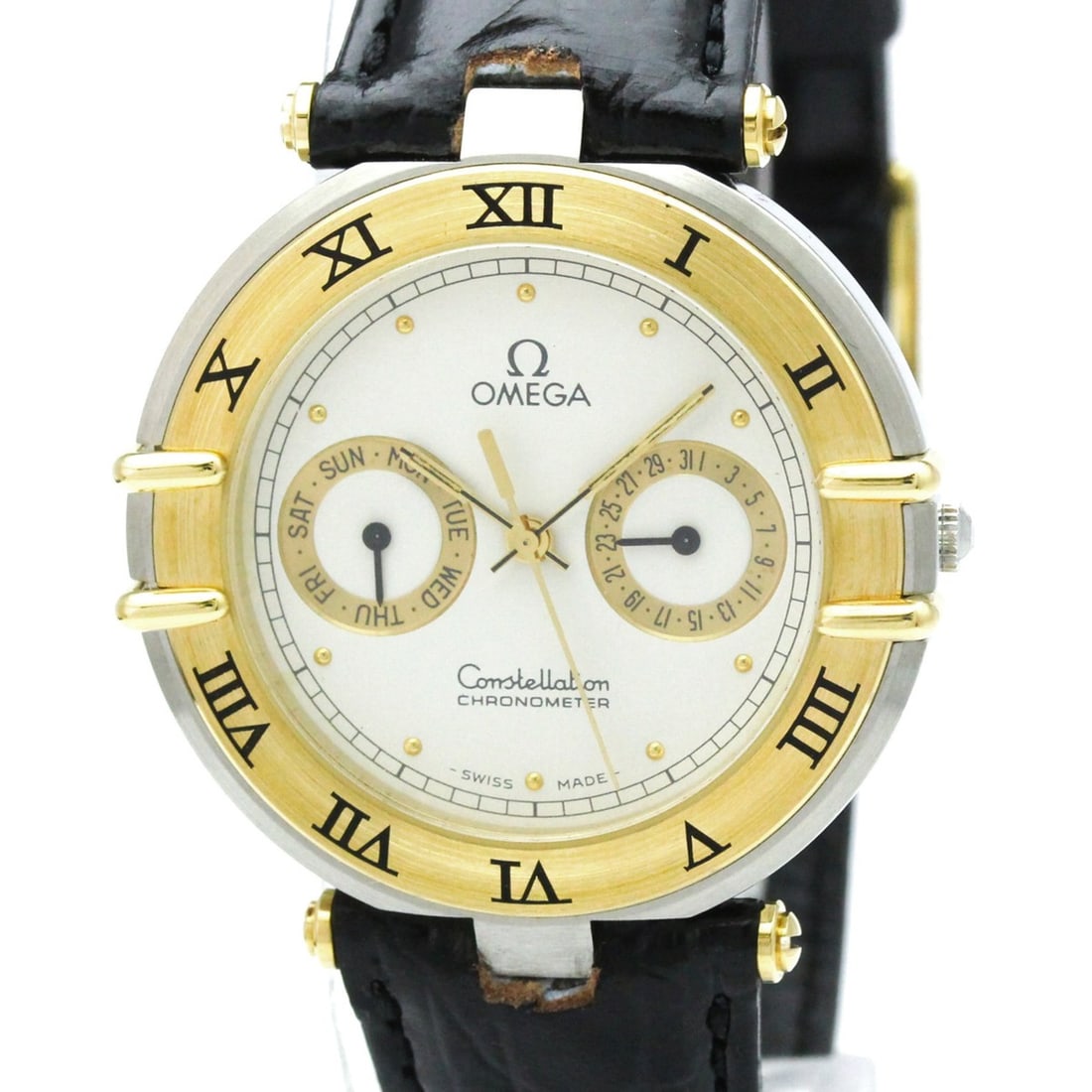 OMEGA Constellation Day Date 18K Gold Steel Quartz Mens Watch 198.0145 Polished: --- Catalog ---Category: SizeCase Diameter: 34mm / 1.34''Category: DesignType: WristwatchStyle: Dress/FormalGender: UnisexColor (Dial): WhiteMaterial (Band): LeatherMaterial (Case): Stainless steel, Y