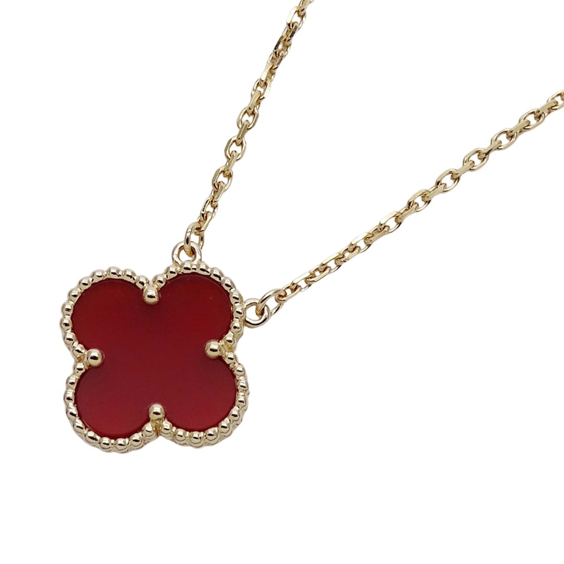 Van Cleef & Arpels Vintage Alhambra Necklace for Women, 750YG Yellow Gold with Carnelian, Jewelry: --- Catalog ---Category: SizeWeight: 5g / 0.17oz.Pendant Size: 14.5mm x 14.5mm / 0.57'' x 0.57''Neck Circumference: 37.5 cm - 2 cm / 14.76'' - 0.78''Category: DesignColor: Yellow goldStone: CarnelianG