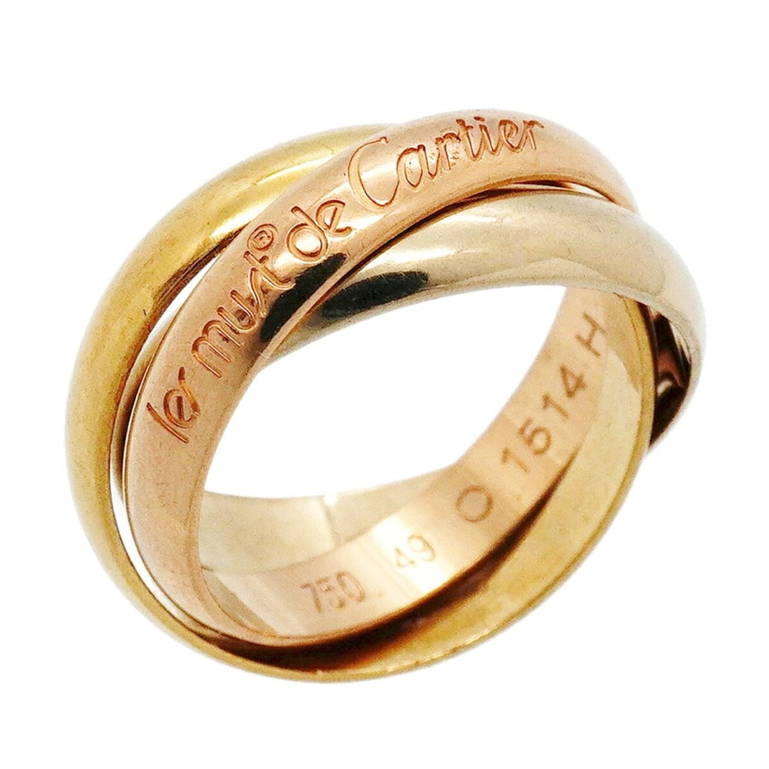 Cartier Trinity Classic Ring, available in 18K Yellow Gold, White and Pink size #49 (Women's).: --- Catalog ---Category: SizeUS Size: 5Brand Size: 49Category: DesignType: Band ringGender: WomenMaterial: Pink gold (18K), White gold (18K), Yellow gold (18K)Category: GeneralBrand: Cartier--- Item L