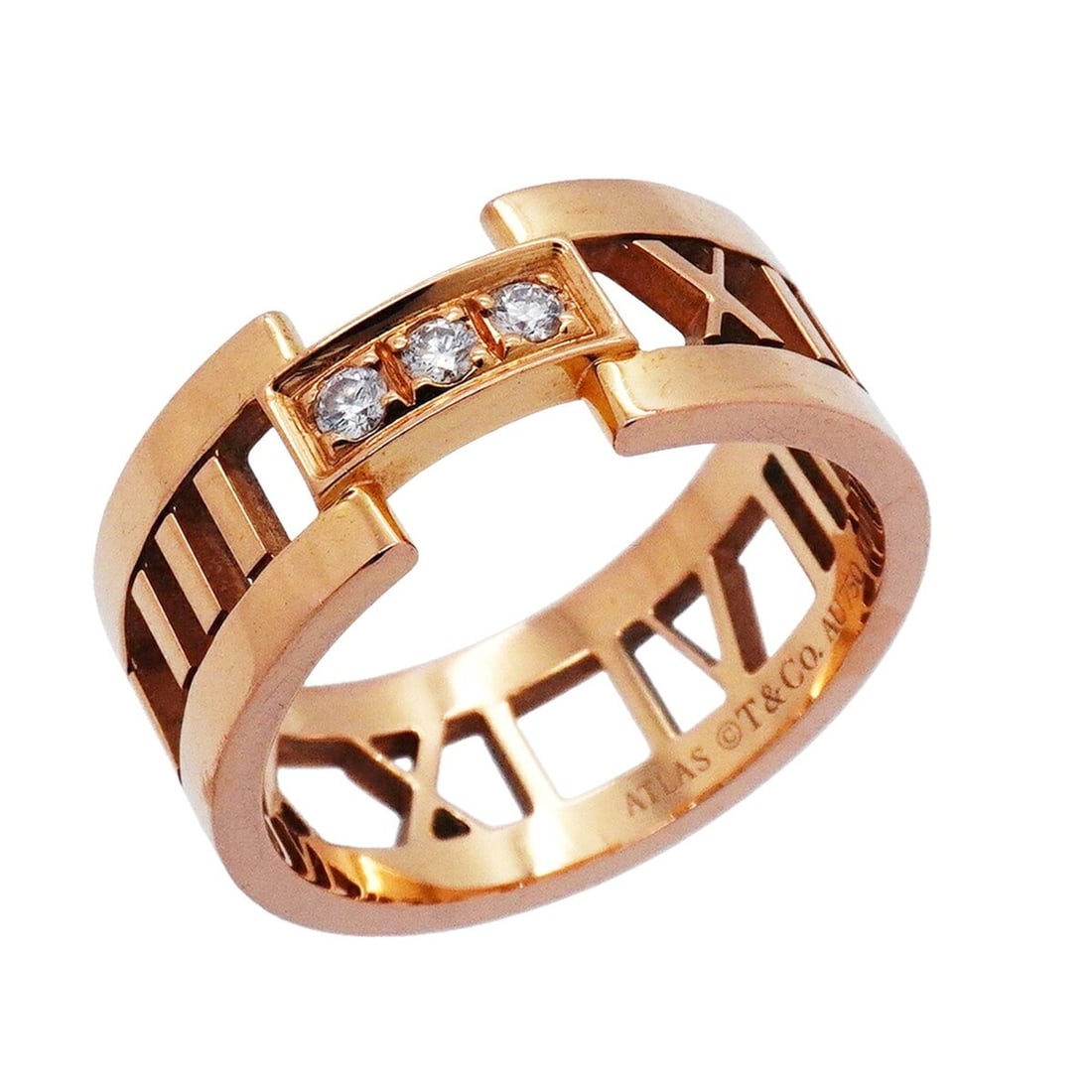 Tiffany & Co. Atlas Ring, 3PD (3 Diamonds), 18KPG (Pink Gold), Diamond, Size 18, Men's: --- Catalog ---Category: SizeJP Size: 18US Size: 9Category: DesignType: Band ringStone: DiamondGender: MenMaterial: Pink gold (18K)Category: GeneralBrand: Tiffany--- Item List ---Section: ConditionRan