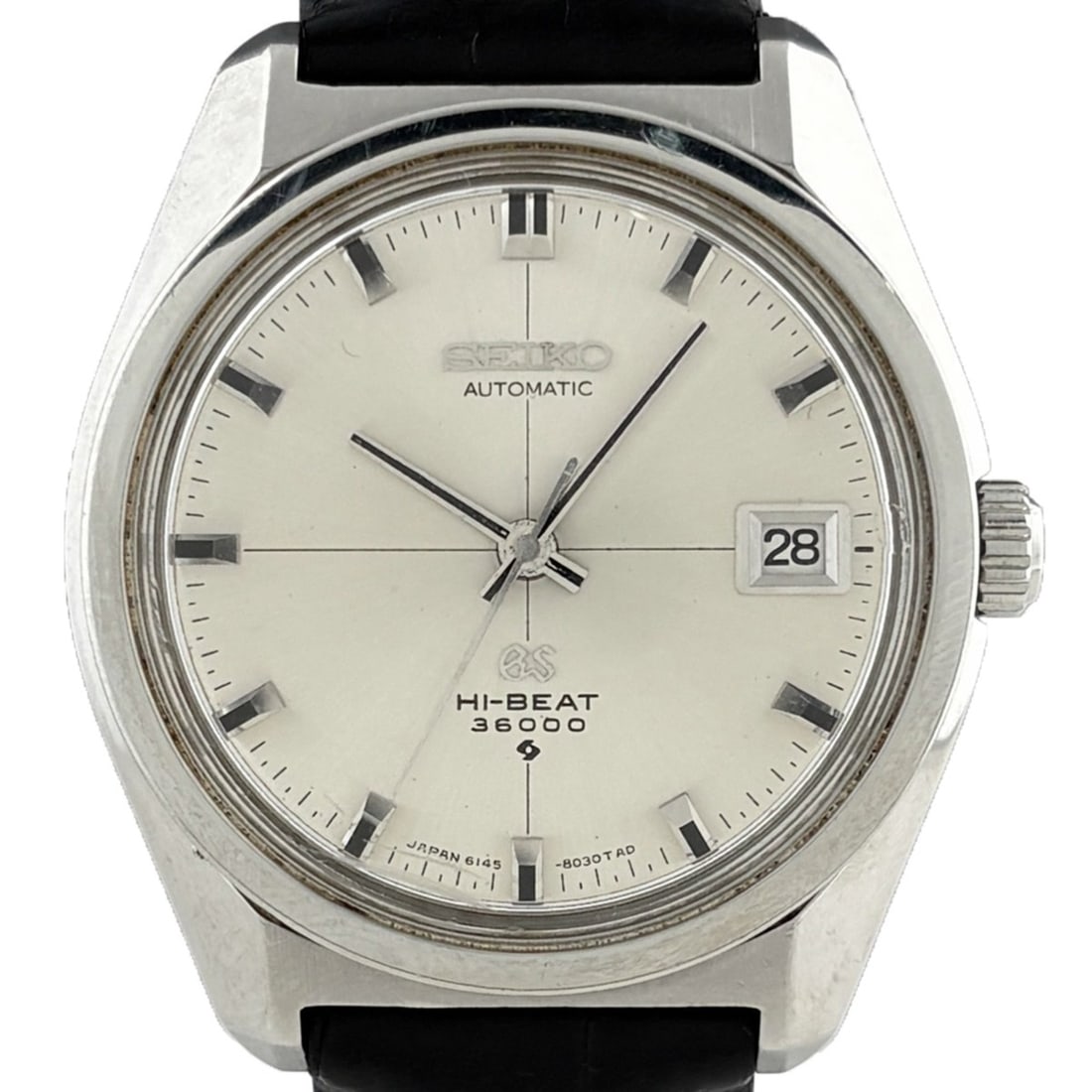 Seiko Grand Hi-Beat 6145-8000 Watch, Stainless Steel, Leather Strap, Automatic, Silver, Men's: --- Catalog ---Category: SizeWrist Size: 14cm - 19.5cm / 5.51'' - 7.67''Case Diameter: 36mm / 1.42''Category: DesignType: WristwatchGender: MenColor (Dial): SilverMaterial (Band): LeatherMaterial (Cas