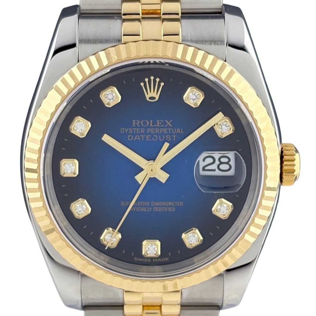 Rolex Datejust 10P Diamond Blue Gradient 116233G Watch Stainless Steel Yellow Gold Automatic Tone: --- Catalog ---Category: SizeWrist Size: 17.5cm / 6.88''Case Diameter: 36mm / 1.42''Category: DesignType: WristwatchGender: MenColor (Dial): BlueMaterial (Band): Stainless steel, Yellow goldMaterial (