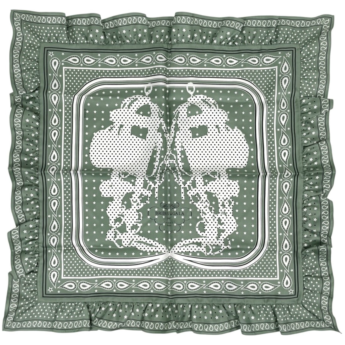 Hermes Carre 70 BRIDES de GALA Scarf Muffler, Brides Gala Dot Bandana, Frilled Silk, Green and: --- Catalog ---Category: SizeSize (LxW): 66cm x 66cm / 25.98'' x 25.98''Category: DesignType: ScarfColor: Green, WhiteGender: WomenMaterial: Silk Category: GeneralBrand: HermesCountry of Origin: Franc