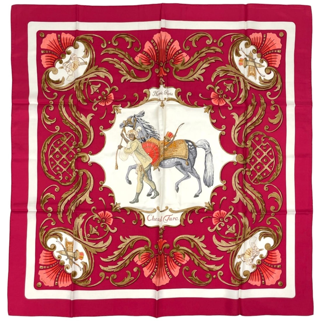 Hermes Carre 90 Cheval Turc Scarf/Muffler, Turkish Horse Design, Silk, Pink Multicolor, Women's: --- Catalog ---Category: SizeSize (LxW): 87.5cm x 89.5cm / 34.44'' x 35.23''Category: DesignType: ScarfColor: Multi-color, PinkGender: WomenMaterial: Silk Category: GeneralBrand: HermesCountry of Orig
