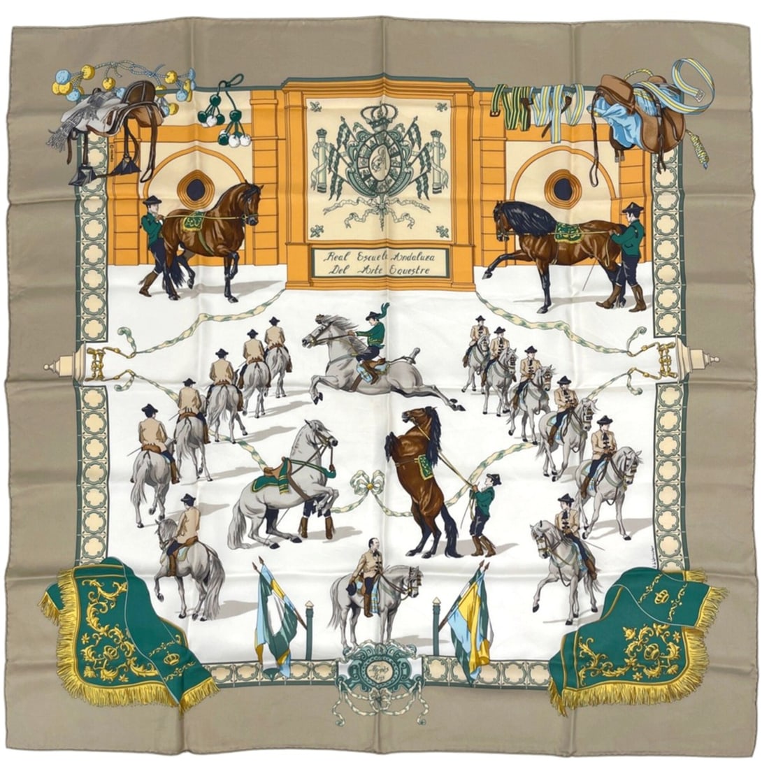 Hermes Carre 90 Real Escuela Andaluza Del Arte Ecuestre Scarf/Muffler, Royal Equestrian School of: --- Catalog ---Category: SizeSize (LxW): 89.5cm x 89cm / 35.23'' x 35.03''Category: DesignType: ScarfColor: Beige, Multi-colorGender: WomenMaterial: Silk Category: GeneralBrand: HermesCountry of Origi