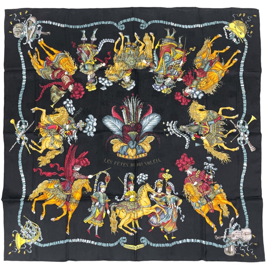 Hermes Carre 90 Les Fetes du Roi Soleil Scarf/Muffler, Celebration of the Sun King, Silk,: --- Catalog ---Category: SizeSize (LxW): 91cm x 88cm / 35.82'' x 34.64''Category: DesignType: ScarfColor: Black, Multi-colorGender: WomenMaterial: Silk Category: GeneralBrand: HermesCountry of Origin: