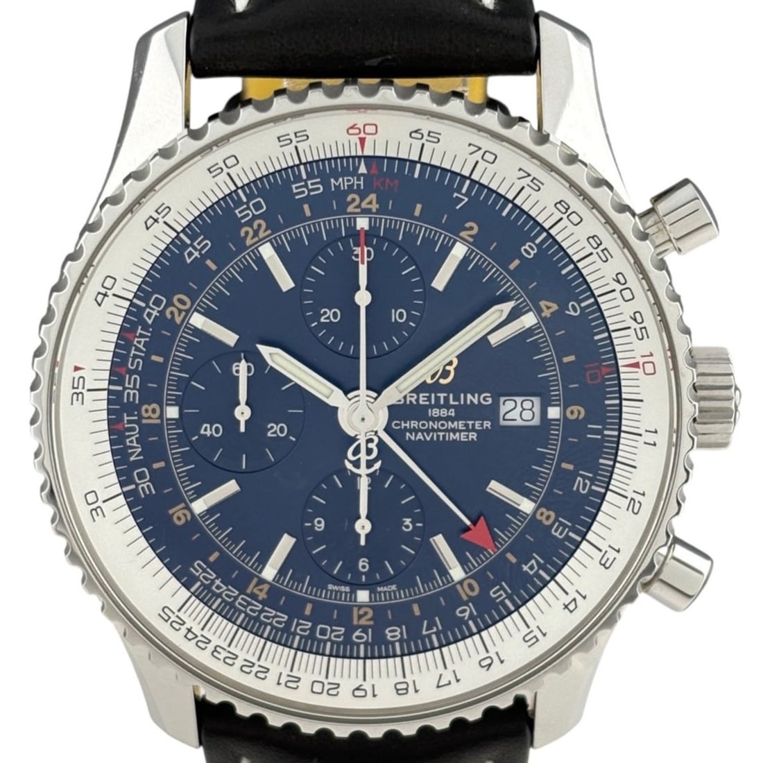 Breitling Navitimer Chronograph A24322 Watch, Stainless Steel, Leather Strap, Automatic, Navy, Men's: --- Catalog ---Category: SizeWrist Size: 15cm - 19.5cm / 5.9'' - 7.67''Case Diameter: 46mm / 1.81''Category: DesignType: WristwatchGender: MenColor (Dial): NavyMaterial (Band): LeatherMaterial (Case):