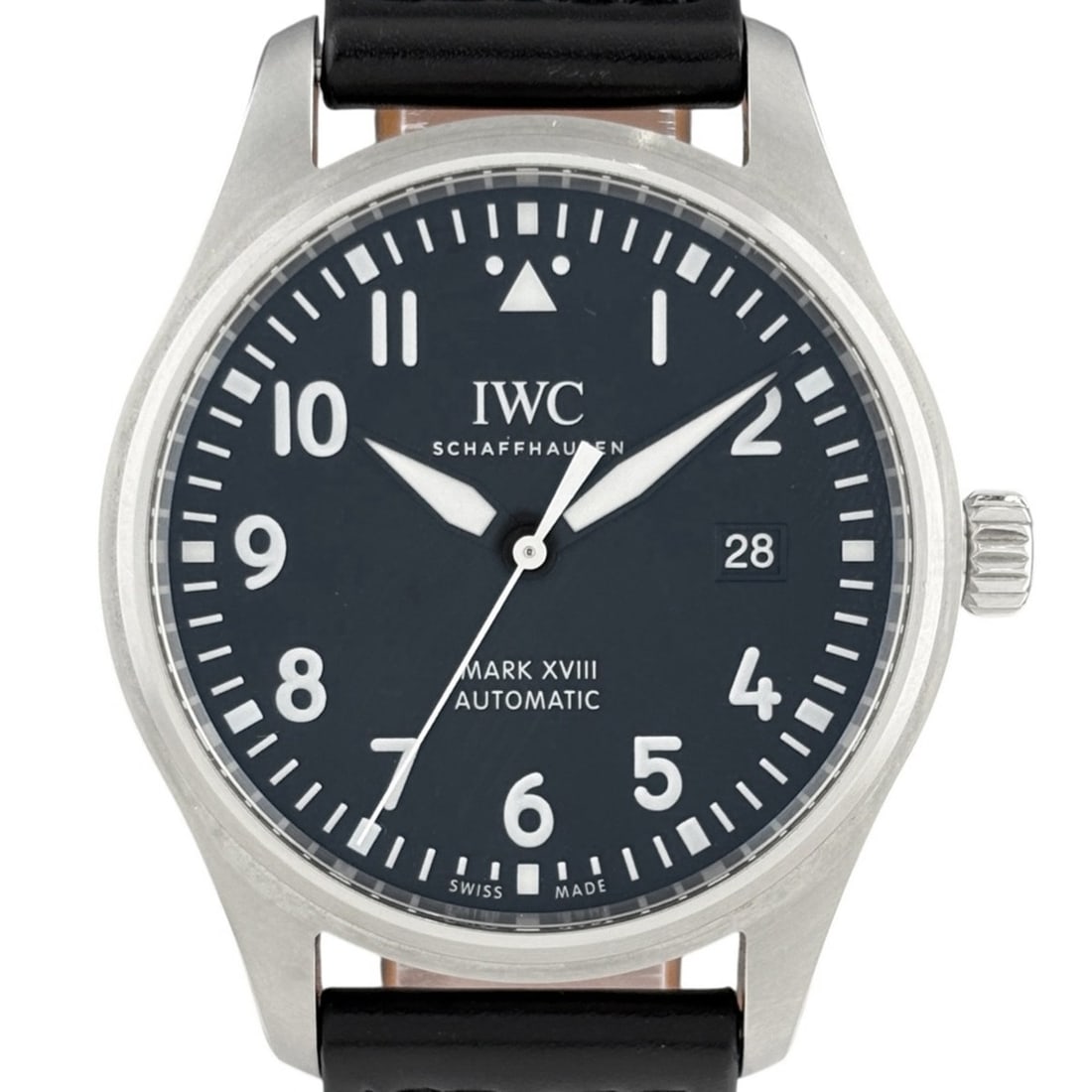 International Watch Company (IWC) Pilot's Mark XVIII IW327009, Stainless Steel, Leather Strap,: --- Catalog ---Category: SizeWrist Size: 14cm - 19cm / 5.51'' - 7.48''Case Diameter: 40mm / 1.57''Category: DesignType: WristwatchGender: MenColor (Dial): BlackMaterial (Band): LeatherMaterial (Case):