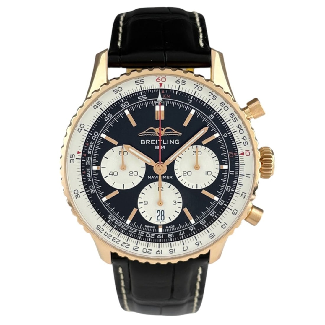 Breitling Navitimer RB0138 Watch, PG Leather Strap, Automatic, Black, Men's: --- Catalog ---Category: SizeWrist Size: 15cm - 19.5cm / 5.9'' - 7.67''Case Diameter: 43mm / 1.69''Category: DesignType: WristwatchGender: MenColor (Dial): BlackMaterial (Band): LeatherMaterial (Case)