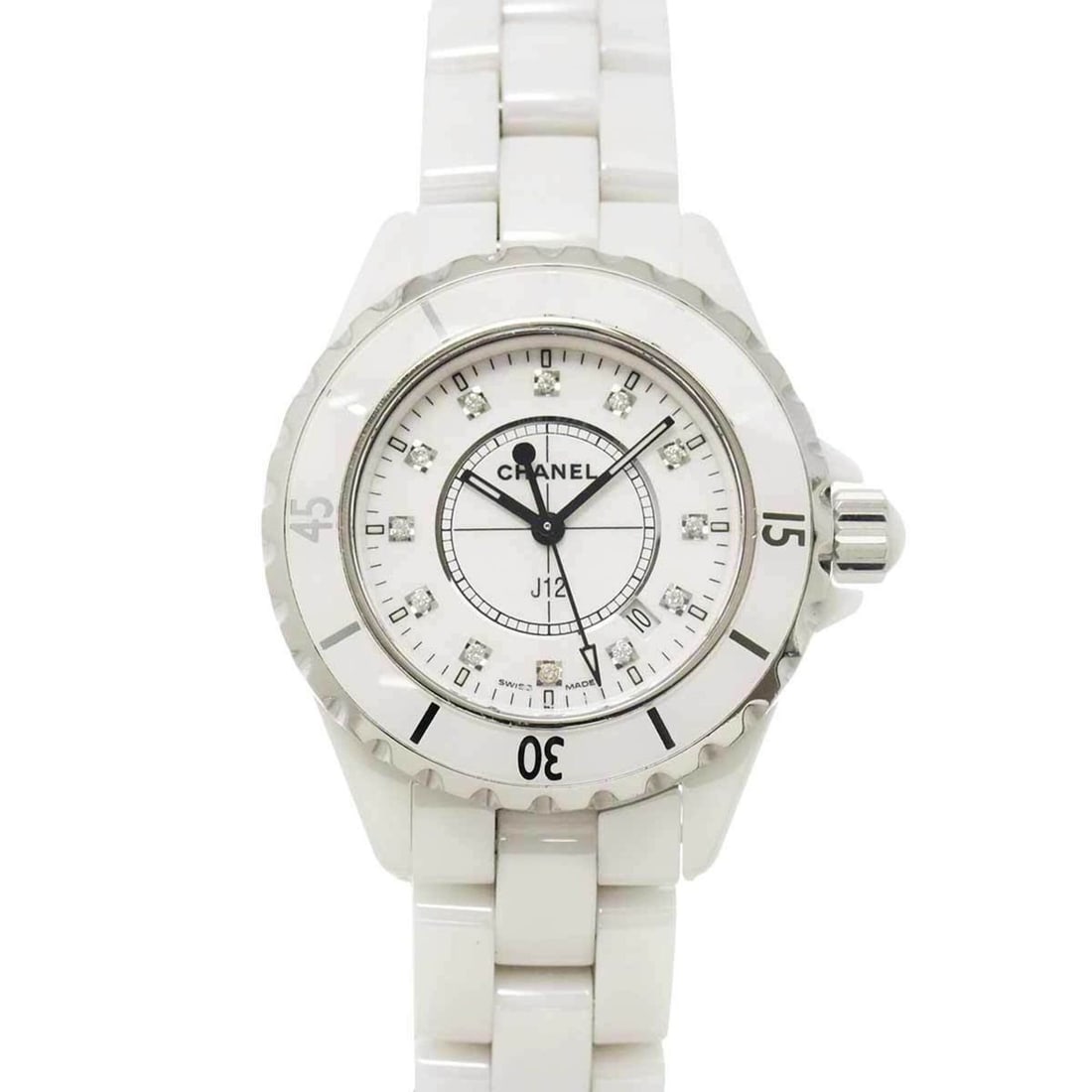 Chanel J12 33mm H1628 Women's Watch, 12 Diamonds, Date Display, White Ceramic Quartz Watch: --- Catalog ---Category: SizeWrist Size: 15cm / 5.9''Case Diameter: 34mm / 1.34''Category: DesignType: WristwatchGender: WomenColor (Dial): WhiteMaterial (Band): Ceramic, Stainless steelMaterial (Case
