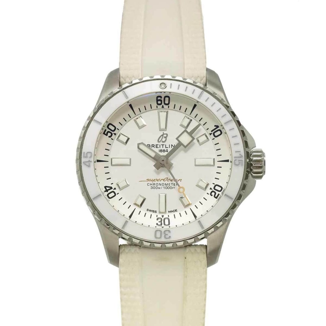 Breitling Superocean Automatic 36 A17377 Boys' Watch White Self-winding Super Ocean: --- Catalog ---Category: SizeWrist Size: 14.5cm / 5.7''Case Diameter: 36mm / 1.42''Category: DesignType: WristwatchColor (Dial): WhiteMaterial (Band): Rubber, Stainless steelMaterial (Case): Ceramic, 
