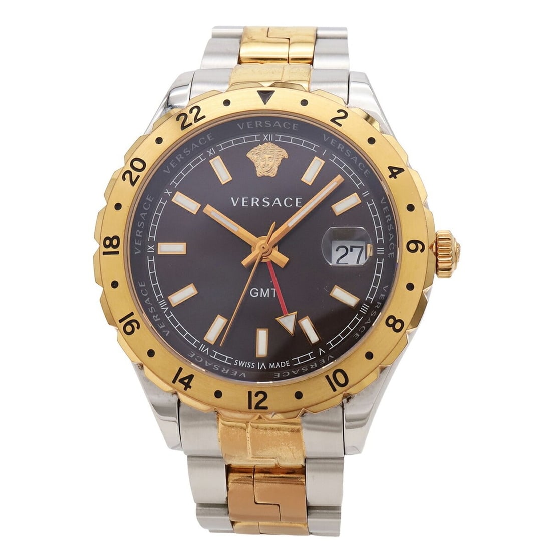 VERSACE Helenium GMT Medusa Date Black Dial Stainless Steel Gold Plated Men's Quartz Watch V11040015: --- Catalog ---Category: SizeWrist Size: 17.5cm / 6.88''Case Diameter: 42mm / 1.65''Category: DesignType: WristwatchGender: MenColor (Dial): BlackMaterial (Band): Gold plated, Stainless steelMaterial 