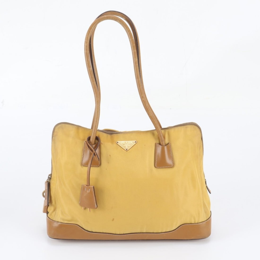 Prada Tessuto Nylon Triangle Logo Leather Tote Bag - Women's: --- Catalog ---Category: SizeSize (HxWxD): 23cm x 32cm x 10cm / 9.05'' x 12.59'' x 3.93''Category: DesignType: Tote bagColor: Brown, YellowGender: WomenMaterial: Leather , Nylon Category: GeneralBrand