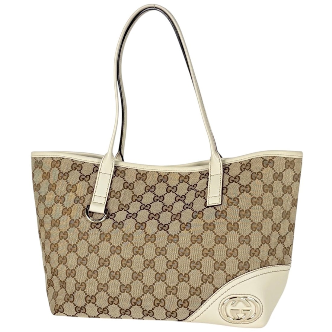 Gucci New Brit Tote Bag, GG pattern, canvas, beige and white, 169946, women's.: --- Catalog ---Category: SizeSize (HxWxD): 22cm x 28cm x 13.5cm / 8.66'' x 11.02'' x 5.31''Category: DesignType: Tote bagColor: Beige, WhiteGender: WomenMaterial: GG canvas , Leather Category: General