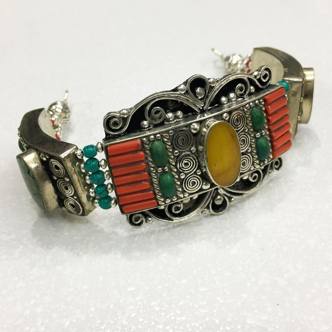 Tibetan Turquoise, Amber & Coral Beautiful Bracelet (1 of 2)