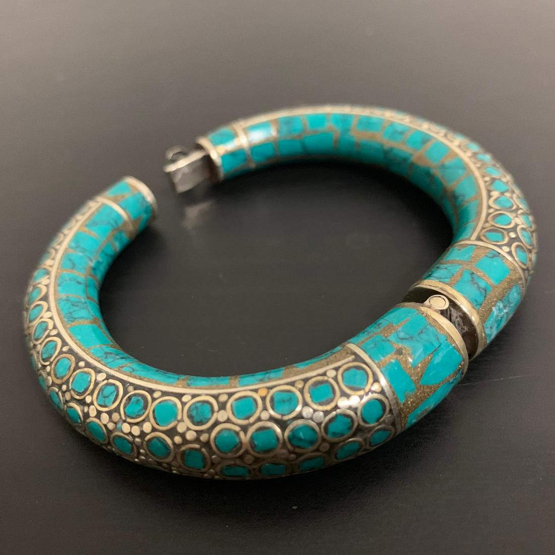 Tibetan Natural Turquoise Handmade Silver Bangle (1 of 1)