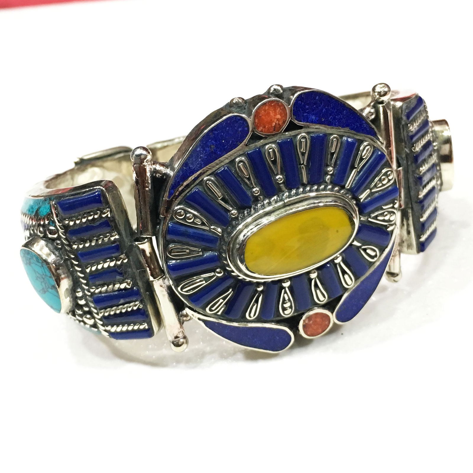 Tibetan Lapis & Amber Handmade Ethnic Cuff Bangle (1 of 3)