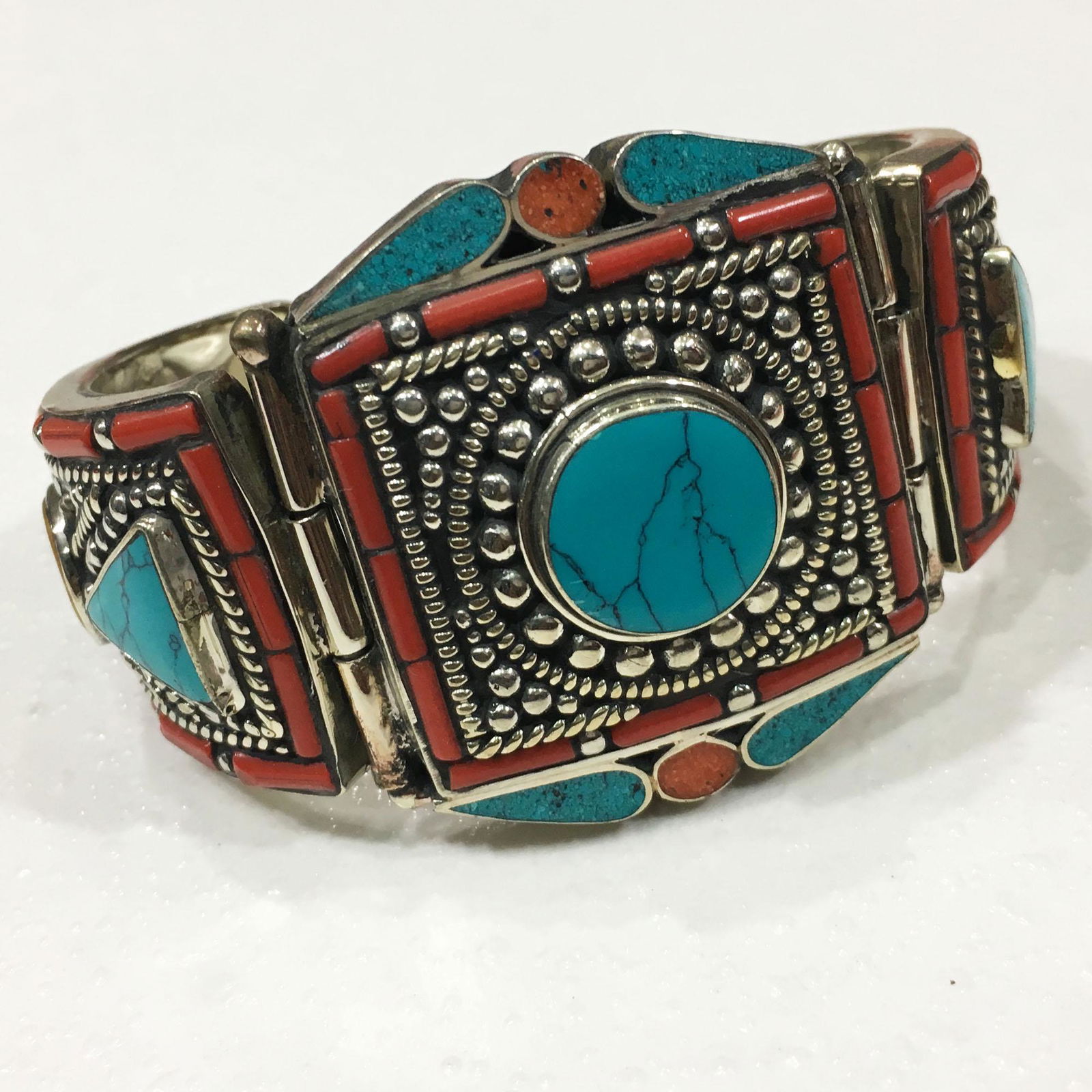 Tibetan Turquoise & Coral Handmade Cuff Bangle (1 of 4)