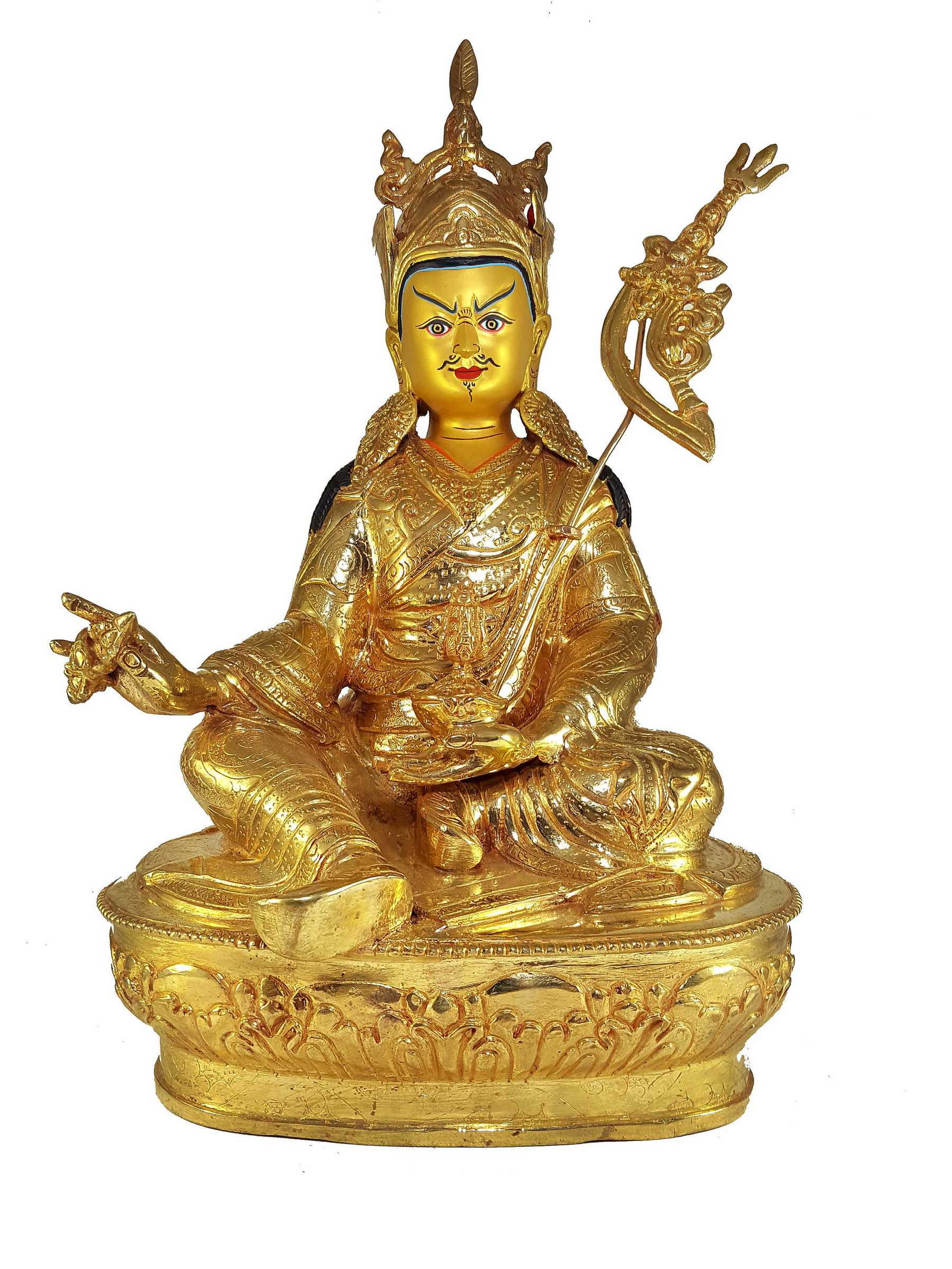 Statue of Padmasambhava Full Fire Gold Plated and: Code HME16107 Weight 2800 Grams Size 36 x 22 x 12cm Material Copper
