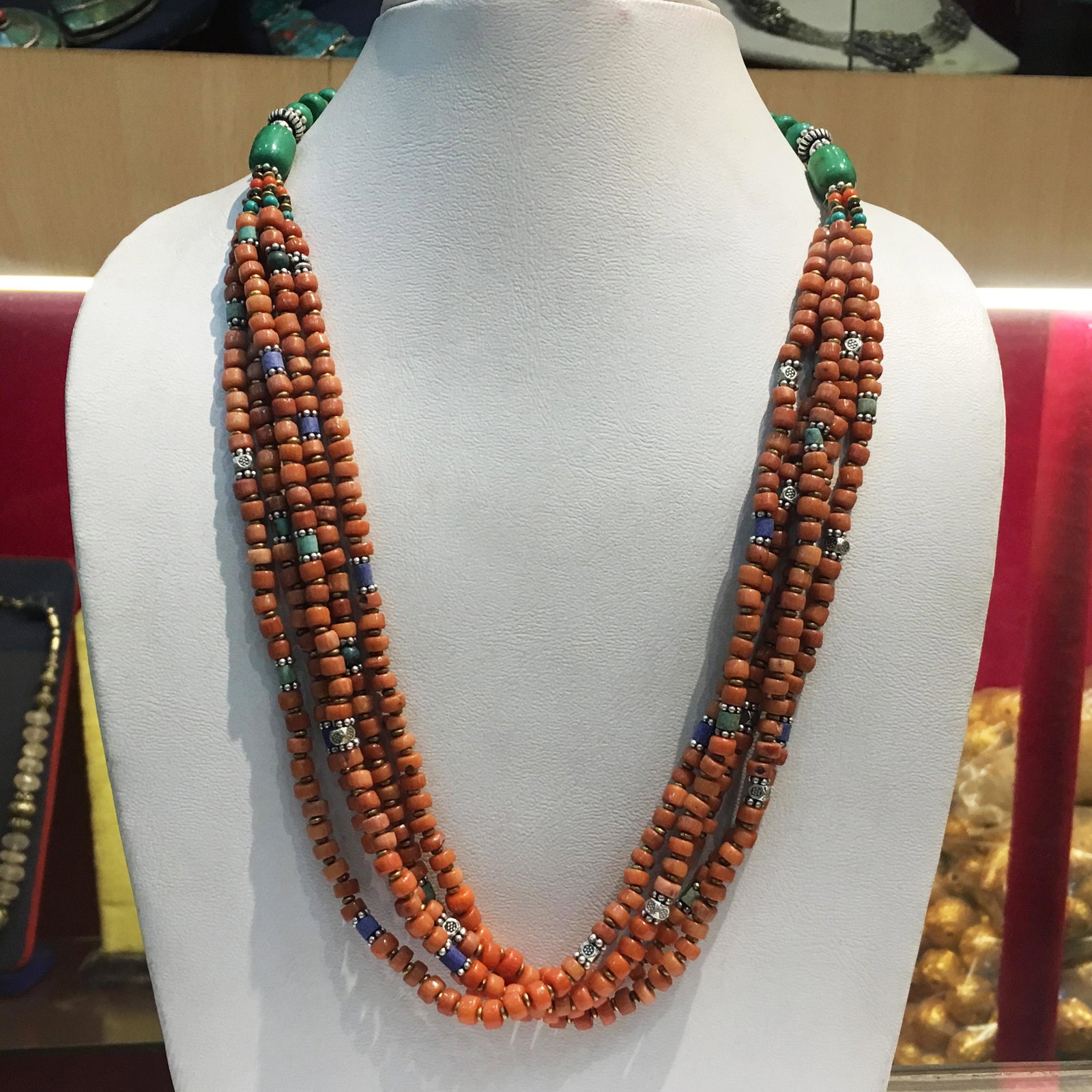 Natural Old Turquoise & Coral Beaded Necklace: Natural Old Turquoise & Coral Necklace Weight: 66 Gram Approx Gemstones: Natural Turquoise & Coral Gemstone Orgin: Coral from Taiwan & Turquoise from Afghanistan Brand: Handmade Necklace Length: 18”